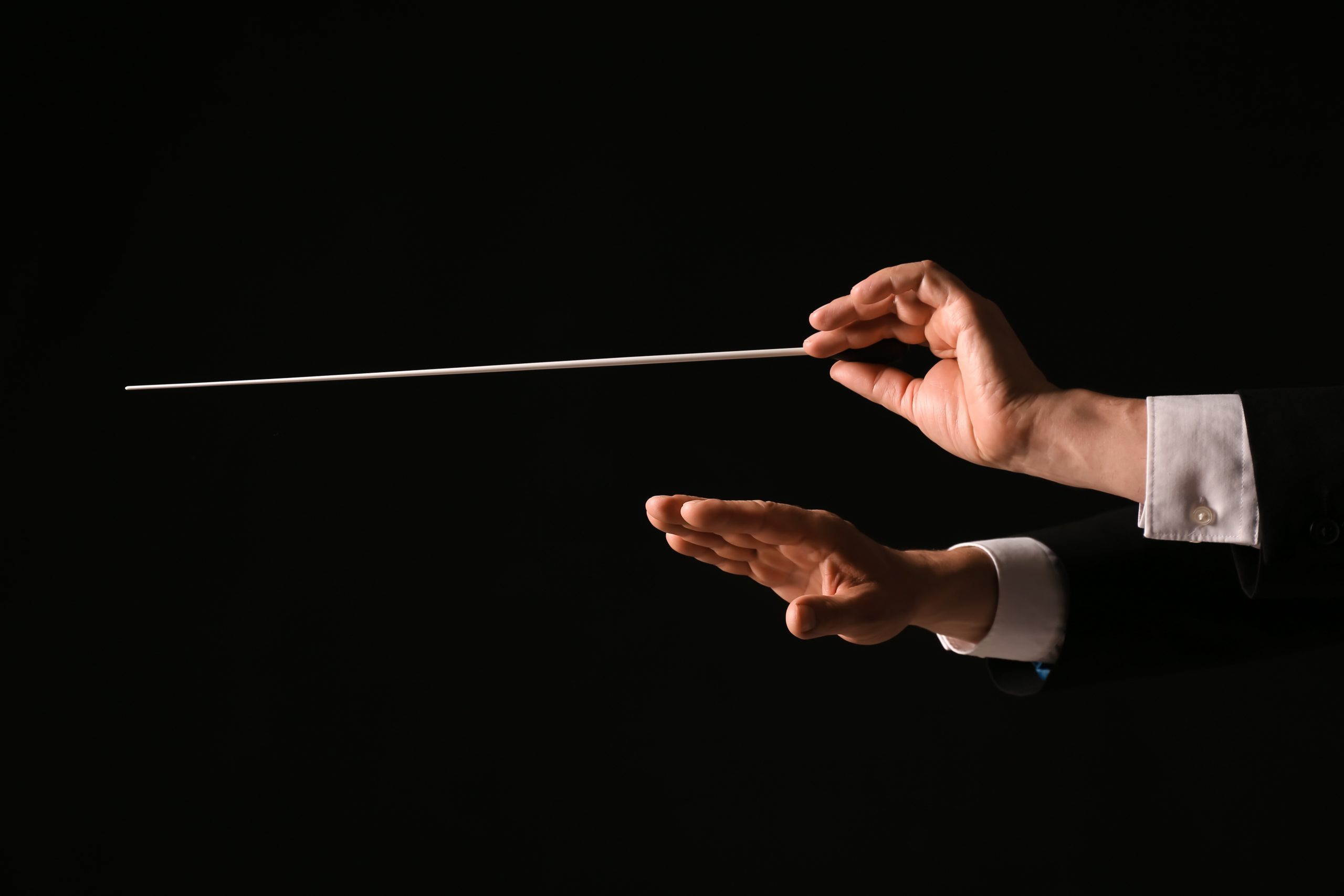 Song List hands of male conductor on dark background